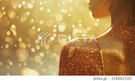 tanned bright skin woman body close up covered with small drops of water. tanned bright skin on the back, only one part of body withot face. 116662103