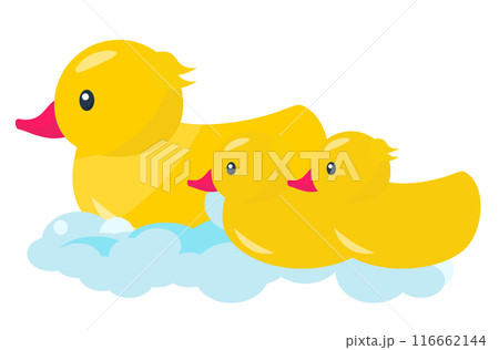 お風呂場で浮かぶアヒル。泡とアヒルの赤ちゃん。ベクターイラスト 116662144