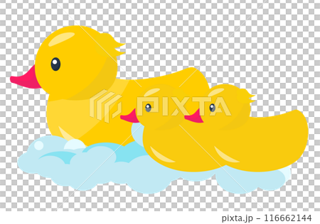 お風呂場で浮かぶアヒル。泡とアヒルの赤ちゃん。ベクターイラスト 116662144