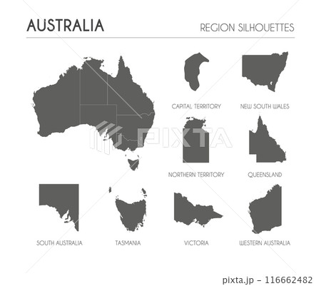 Australia region silhouettes set and blank map of the country isolated on white background. Vector illustration design Australia region silhouettes set and blank map of the country isolated on white background. Vector illustration design 116662482
