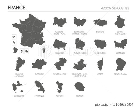 France region silhouettes set and blank map of the country isolated on white background. Vector illustration design 116662504