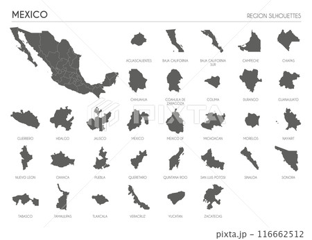 Mexico region silhouettes set and blank map of the country isolated on white background. Vector illustration design 116662512