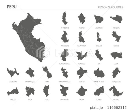 Peru region silhouettes set and blank map of the country isolated on white background. Vector illustration design 116662515