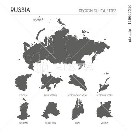 Russia region silhouettes set and blank map of the country isolated on white background. Vector illustration design 116662516