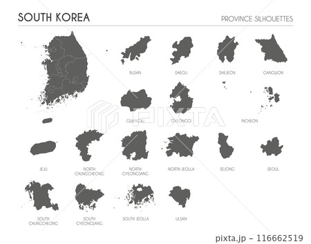 South Korea region silhouettes set and blank map of the country isolated on white background. Vector illustration design 116662519