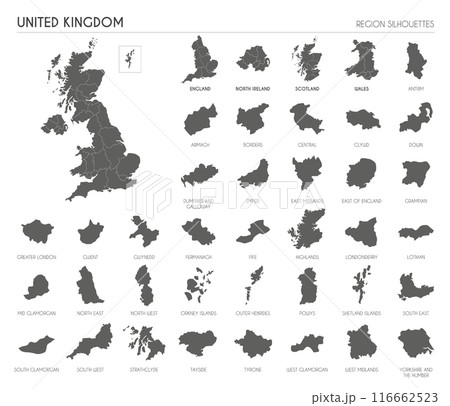 UK region silhouettes set and blank map of the country isolated on white background. Vector illustration design 116662523