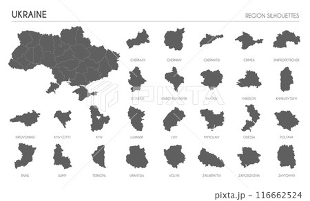 Ukraine region silhouettes set and blank map of the country isolated on white background. Vector illustration design 116662524