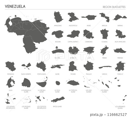 Venezuela region silhouettes set and blank map of the country isolated on white background. Vector illustration design 116662527