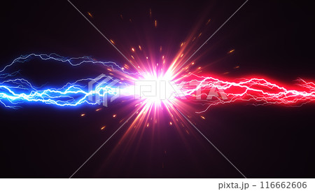 雷エフェクト画像素材｜赤と青の稲妻の衝突CGアート 116662606