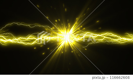 雷エフェクト画像素材｜金色、黄色の稲妻の衝突CGアート 116662608