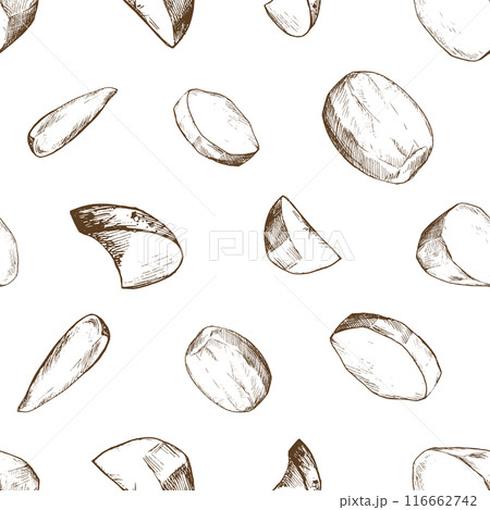 White potatoes, peeled whole tuber and slices. Graphic illustration hand drawn in brown ink. Seamless pattern EPS vector on the theme of harvest cooking, food, packaging, vegetable shop design. White potatoes, peeled whole tuber and slices. Graphic illustration hand drawn in brown ink. Seamless pattern EPS vector on the theme of harvest cooking, food, packaging, vegetable shop design. 116662742