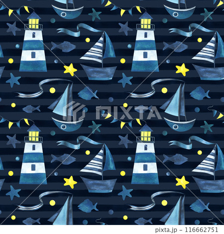 Sailing blue boats with a ribbon floating on the water with a lighthouse. Watercolor illustration hand drawn in a simple abstract childish style. Seamless pattern on a dark blue striped background Sailing blue boats with a ribbon floating on the water with a lighthouse. Watercolor illustration hand drawn in a simple abstract childish style. Seamless pattern on a dark blue striped background 116662751