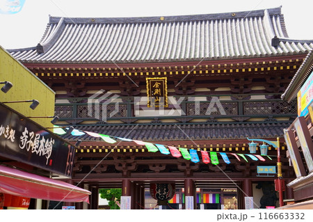 川崎大師仲見世通りからの大山門(神奈川県川崎市川崎区) 川崎大師仲見世通りからの大山門(神奈川県川崎市川崎区) 116663332