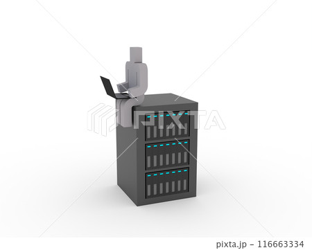 サーバーの上でパソコンを操作するキャラクター サーバーの上でパソコンを操作するキャラクター 116663334