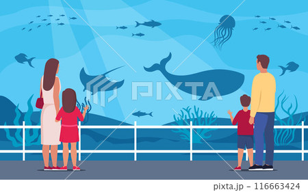 Parents and kids watching underwater scenery with sea animals in oceanarium. Underwater fauna with fish, seaweed, whale, jellyfish. Marine world representatives. Oceanarium visitors. Vector. 116663424