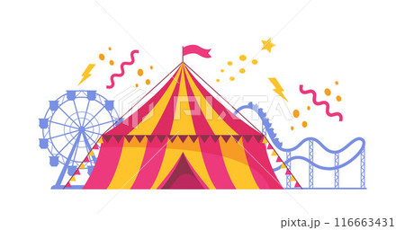 Amusement park composition with outdoor scenery and view of circus, rollercoaster and ferris wheel. Carnival party. Vector illustration. Amusement park composition with outdoor scenery and view of circus, rollercoaster and ferris wheel. Carnival party. Vector illustration. 116663431