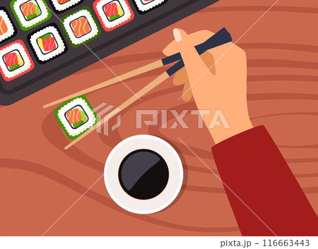 Sushi on wooden board with sushi chopsticks and soy sauce. Hand holds chopsticks with sushi. Hand holds bamboo sticks. Sushi illustration with trout fish, salmon and caviar. Vector illustration. 116663443