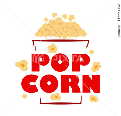 POPCORN logo. Popcorn text with pop corn snack icon. Red color. Graphic design for pop corn pack. Fast food Exploding label for bucket. Vector. 116663458