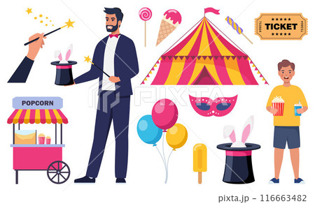 Magician demonstrating trick and taking rabbit out of top hat. Circus tent, ticket, mask, balloons, happy kid with popcorn. Set of elements on circus theme. Vector illustration. Magician demonstrating trick and taking rabbit out of top hat. Circus tent, ticket, mask, balloons, happy kid with popcorn. Set of elements on circus theme. Vector illustration. 116663482