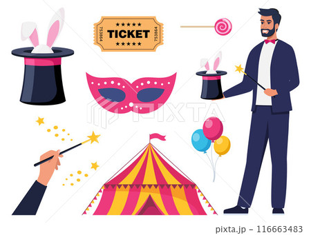 Magician demonstrating trick and taking rabbit out of top hat. Circus tent, ticket, mask, balloons. Set of elements on circus theme. Vector illustration. Magician demonstrating trick and taking rabbit out of top hat. Circus tent, ticket, mask, balloons. Set of elements on circus theme. Vector illustration. 116663483