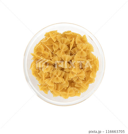 bowl of farfalle pasta on white background, top view bowl of farfalle pasta on white background, top view 116663705