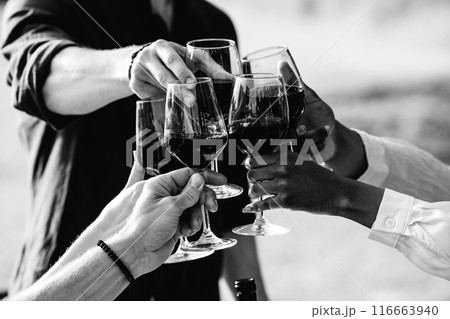 Friends raising glasses of wine in a joyful toast to celebrate strong bond and friendship Friends raising glasses of wine in a joyful toast to celebrate strong bond and friendship 116663940