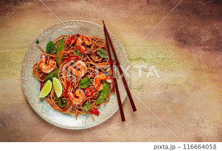 fried udon noodles with shrimp and vegetables, Asian cuisine, homemade, no people, 116664058