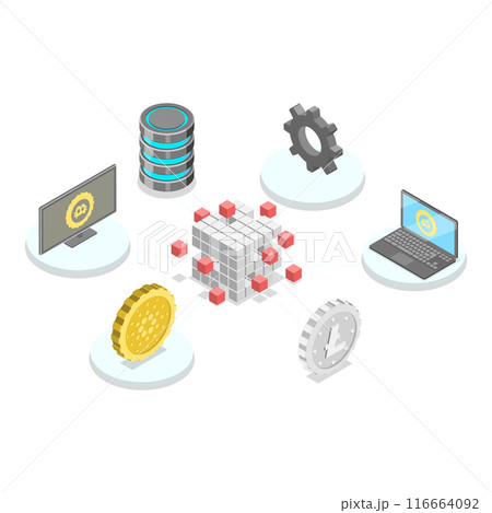 3D Isometric Flat Vector Illustration of DeFi Decentralized Finance, Blockchain Technology. Item 1 116664092