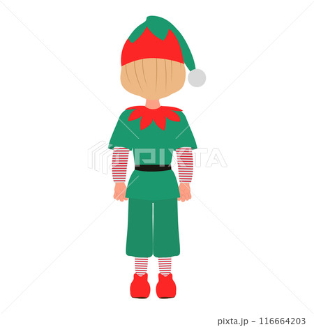 Flat Vector Illustration of Kid Boy Wearing Christmas Elf Costume, Cartoon Character Set For Animation, Various Views, Poses and Gestures. Item 4 116664203