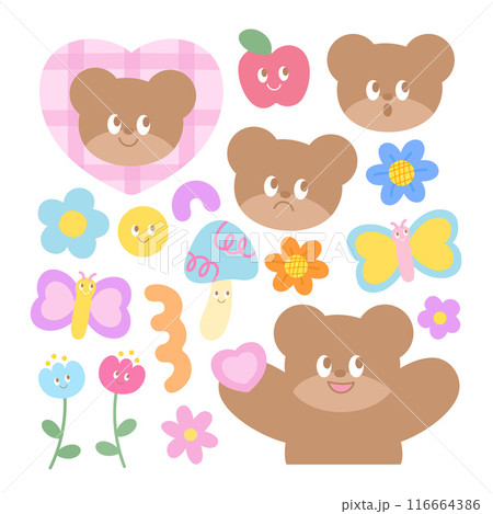 Illustration of teddy bear, apple, butterfly, flower, mushroom, heart for cartoon character, comic, mascot, animal print, zoo, floral, picnic, spring, summer, nature, garden, cute patches, brooch, toy 116664386