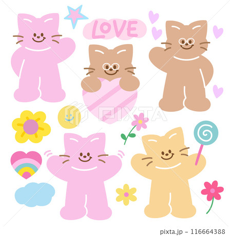 Illustration of cat, flower, heart, cloud, star, candy for cartoon character, comic, mascot, animal, pet, vet, floral, picnic, summer, nature, garden, cute patches, brooch, kitten sticker, Valentines Illustration of cat, flower, heart, cloud, star, candy for cartoon character, comic, mascot, animal, pet, vet, floral, picnic, summer, nature, garden, cute patches, brooch, kitten sticker, Valentines 116664388