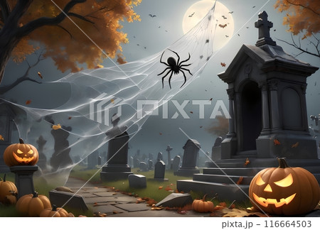 Halloween card, blank space for text, pumpkin, autumn leaves 116664503