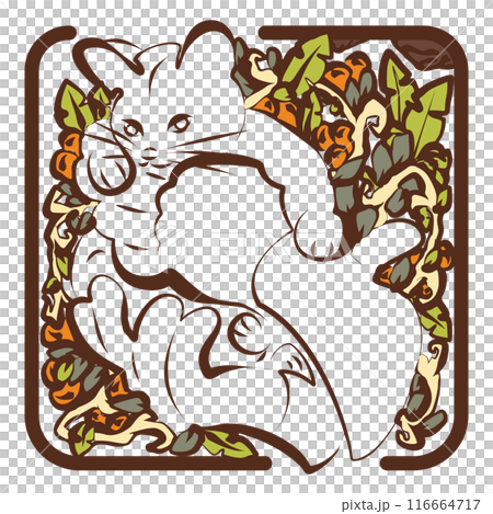 Floral Smiling Kitten for Cat Lovers with Leaves Floral Smiling Kitten for Cat Lovers with Leaves 116664717