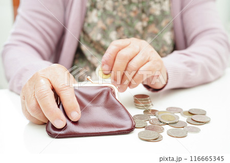 Retired elderly woman counting coins money and worry about monthly expenses and treatment fee payment. 116665345