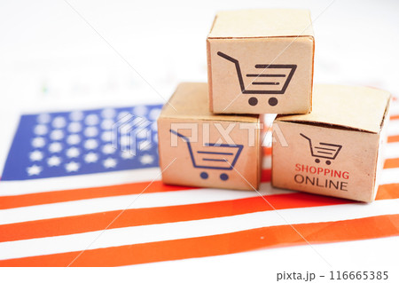 Online shopping, Shopping cart box on USA America flag, import export, finance commerce. 116665385