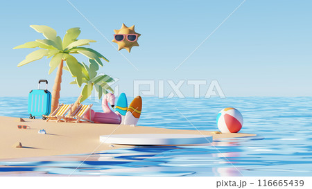 3D render, summer beach and sea outdoor background with white blank podium for product advertising decorate with cute summer elements. 116665439