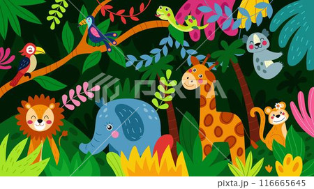 Jungle childish background. Zoo collage, children safari. Wallpaper drawing vibrant colors. Giraffe, elephant and toucan bird. Lion, monkey and koala. Pattern nature banner. Vector tidy illustration 116665645