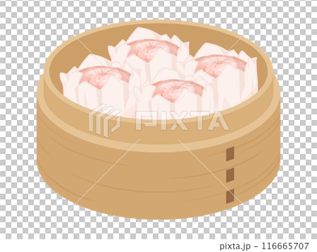 Illustration of shrimp shumai in a bamboo steamer 116665707
