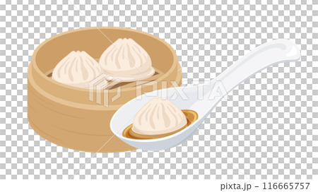Illustration of eating xiaolongbao dumplings in a bamboo steamer with a spoon Illustration of eating xiaolongbao dumplings in a bamboo steamer with a spoon 116665757