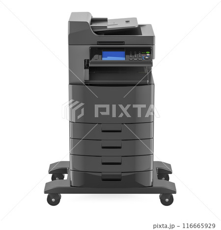 Black Office Multifunction Printer MFP, front view. 3D rendering Black Office Multifunction Printer MFP, front view. 3D rendering 116665929