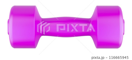 Pink neoprene dumbbell for strength training. 3D rendering Pink neoprene dumbbell for strength training. 3D rendering 116665945