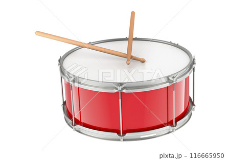 Red Drum with drumsticks. Marching drum, 3D rendering Red Drum with drumsticks. Marching drum, 3D rendering 116665950