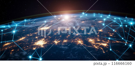 Interconnected communication lines on globe for global reach, online connections 116666160