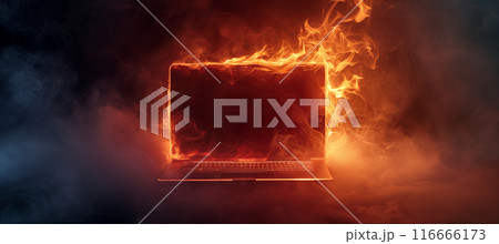 Fiery laptop engulfed in smoke on dark background, realistic scene 116666173