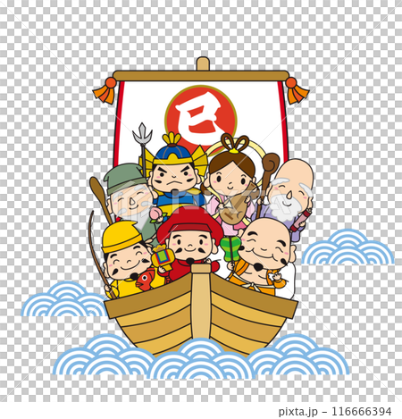 2025年 巳年版 七福神 キャラクター 宝船 イラスト /黒ライン・波の