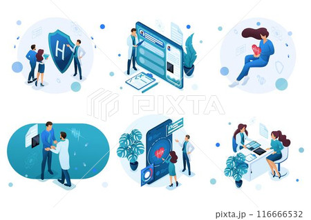Set of isometric concepts for advertising and creating landing pages on the theme of medicine. Doctor advises the patient, medical worker during the work 116666532