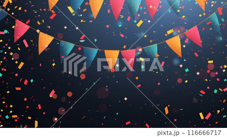 Red and White Triangle Flags Hanging With Confetti Falling at Night Red and White Triangle Flags Hanging With Confetti Falling at Night 116666717