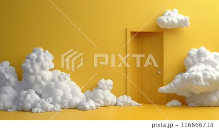 Yellow Room With Open Door Leading to Clouds 116666718