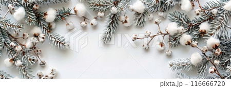 Snowy Pine Branches and Cotton Blossoms on a White Background 116666720