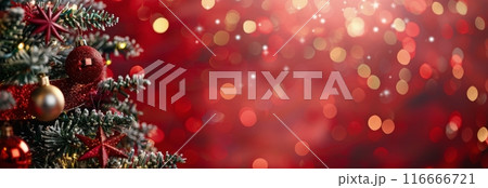 Closeup of Christmas Tree Ornaments With Red Background and Festive Lights Closeup of Christmas Tree Ornaments With Red Background and Festive Lights 116666721